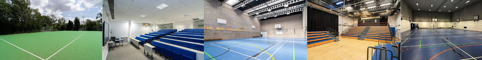 collage of 5 photos of the school site, astro pitch, lecture theatre, indoor sports hall, activities hall and large sports hall